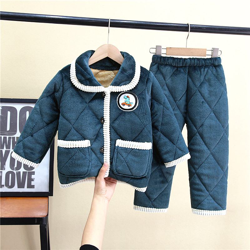 冬季儿童睡衣三层夹棉加厚法兰绒男童女孩中大童珊瑚绒家居服套装