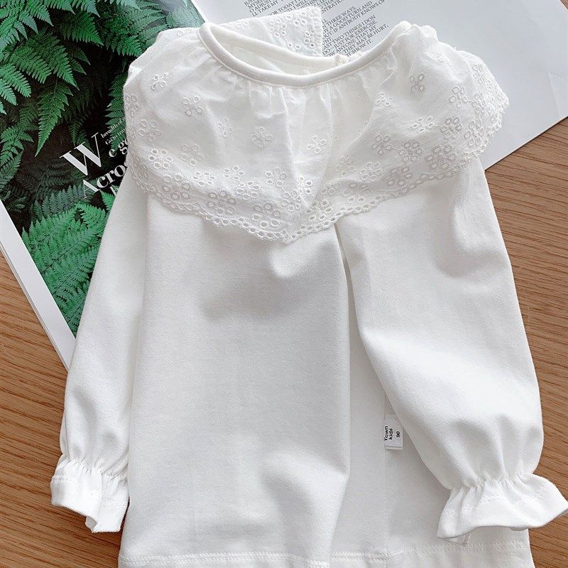 女童纯棉白色打底衫宝宝长袖T恤中大儿童百搭花边领上衣春秋新款