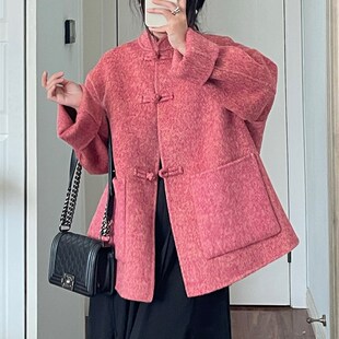 新中式新年粉色混色盘扣双面呢手工羊毛大衣女春新款短款宽松外套
