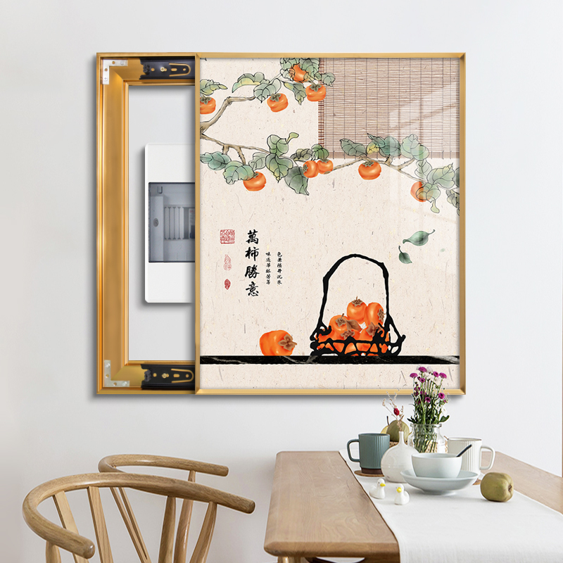 新中式风格电表箱画装饰画定制免打孔竖版餐厅空开箱遮挡挂画晶瓷图片