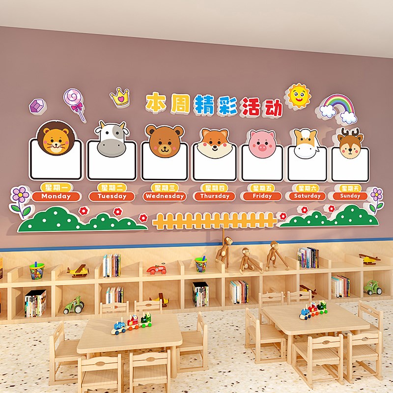 幼儿园教室文化墙布置本周活动剪影照片墙装饰卡通立体墙贴自粘画图片