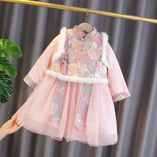 宝宝唐装 童装 冬装 女童连衣裙套装 小童拜年汉服两件套 加绒2021新款