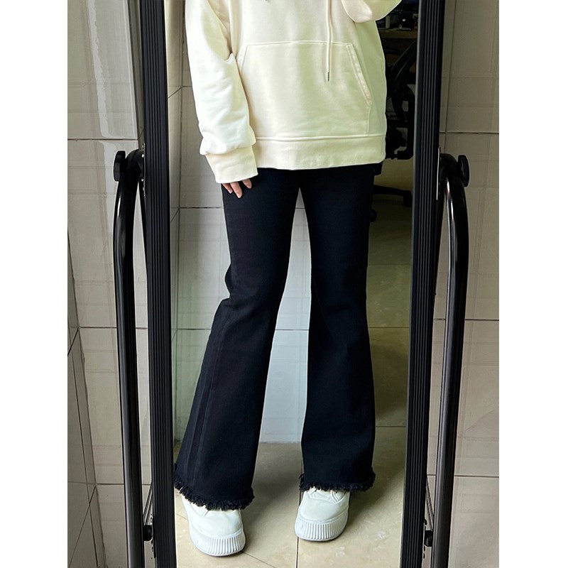 大码女装黑色微喇叭牛仔裤女胖mm夏季弹力裤子梨形身材显瘦阔腿裤