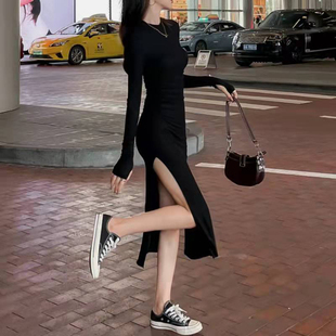 胖mm显瘦半高领针织打底开叉长裙秋 性感连衣裙女大码 2022新款 春季