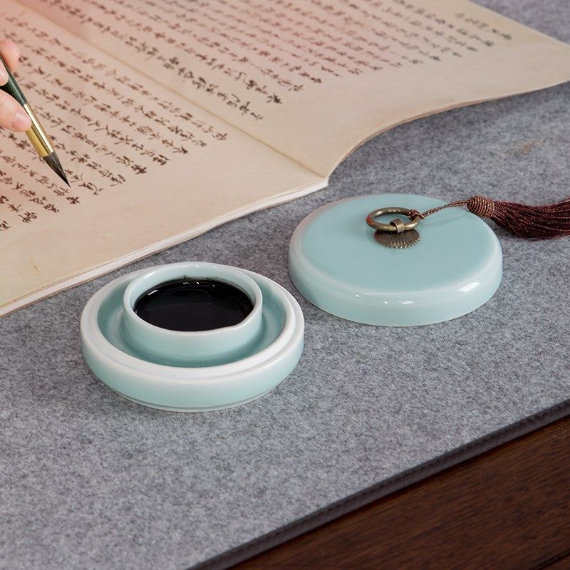 【西泠印社】青瓷汝窑火锅砚台陶瓷带盖双圈墨碟毛笔书法学生墨水,文具电教/文化用品/商务用品,砚台,淘宝优惠券,粉丝福利购,淘宝优惠卷