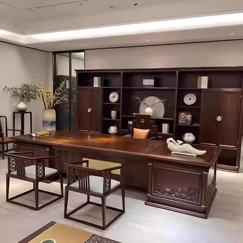 新中式实木办公桌乌金木老板桌高端大班台总裁经理办公室全套家具