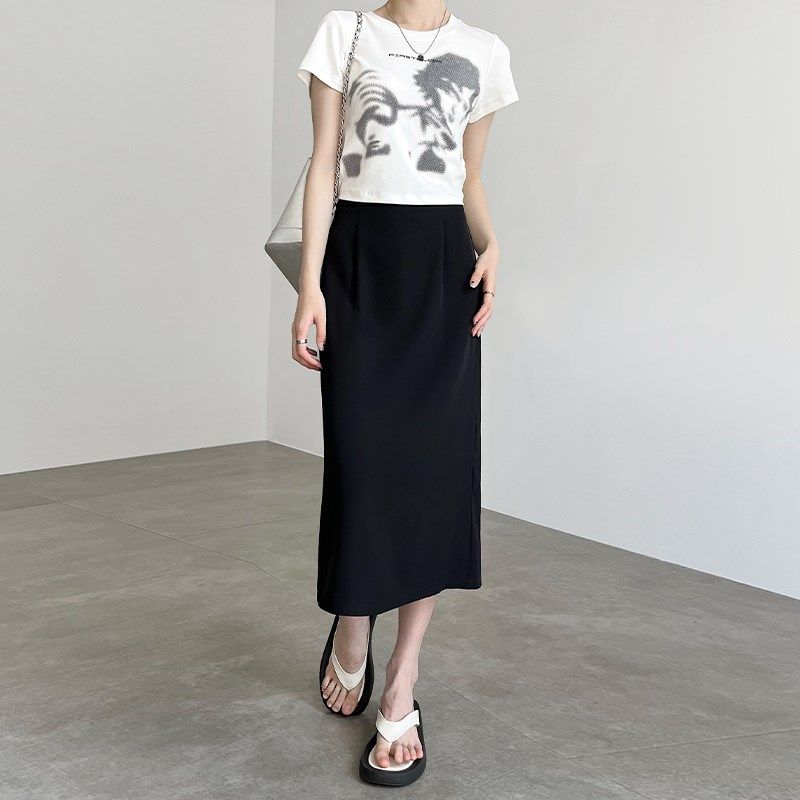 黑色西装半身裙女2024新款夏季大码胖mm高腰显瘦遮肚开叉a字长裙