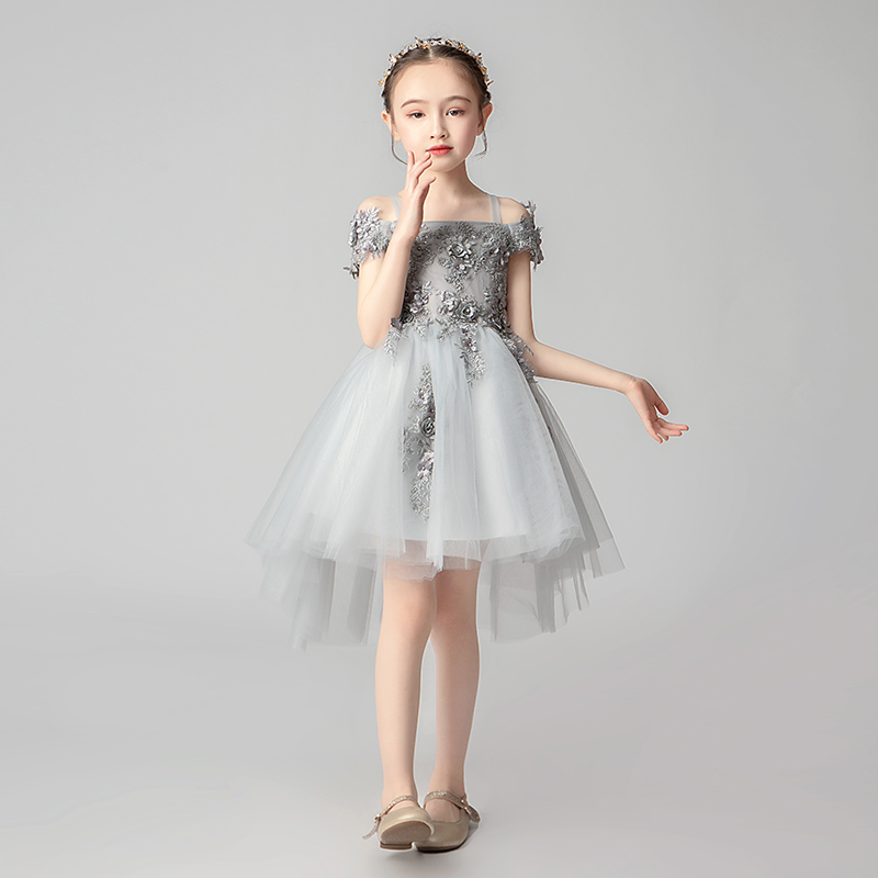 女童晚礼服公主裙蓬蓬纱一字肩小女孩花童婚纱洋气公主走秀表演服