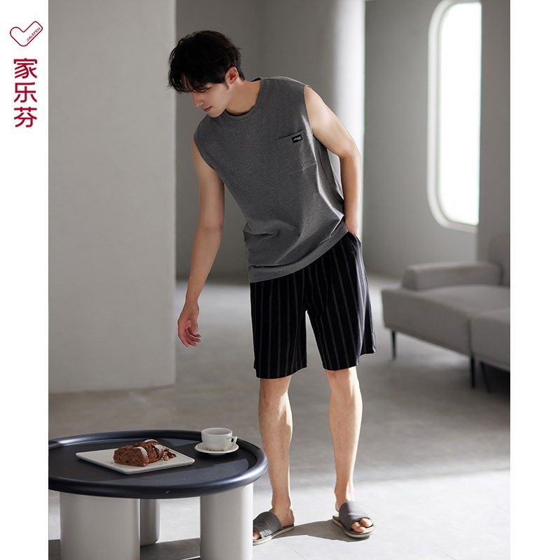 睡衣男士夏季无袖背心短裤纯棉家居服夏天夏款男款加大码休闲套装