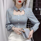 新款 时尚 收腰显瘦镂空上衣气质长袖 2024年春夏季 碎花雪纺衬衫 潮女