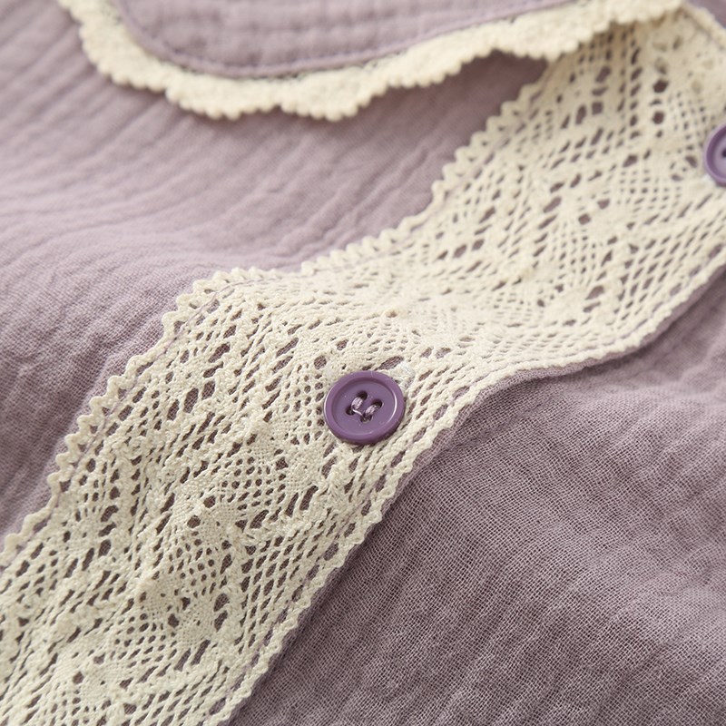 甜美花边睡衣女士春秋夏季纯棉纱布薄款套头长袖娃娃领家居服套装