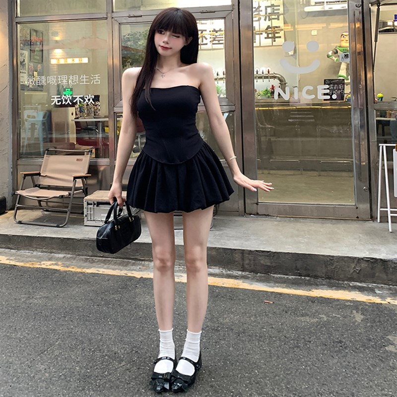 现货速发性感露背鱼骨抹胸背心上衣夏高腰蓬蓬半身裙短裙甜辣妹黑