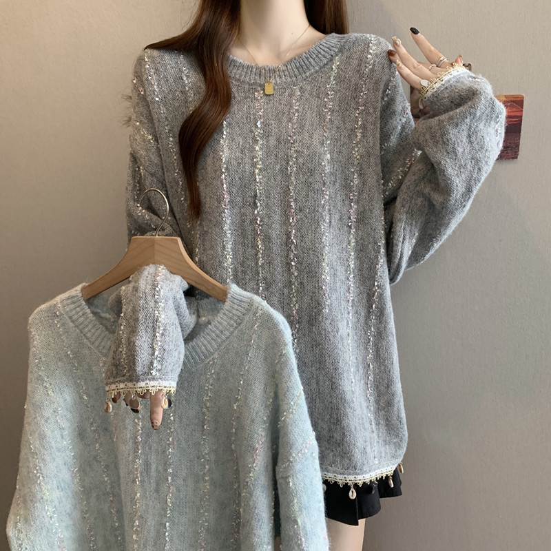 实拍大码女装秋冬装甜美彩色条毛衣慵懒宽松流苏显瘦长袖针织毛衣