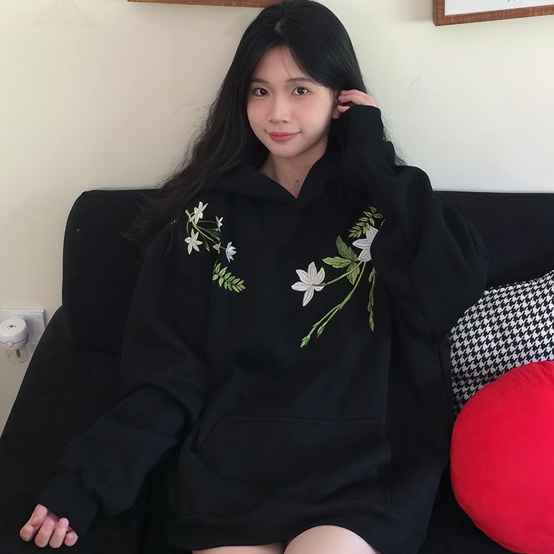 中式潮流花卉刺绣连帽卫衣纯棉秋冬外套上衣宽松百搭