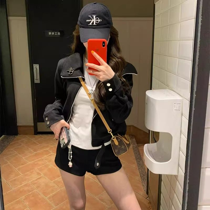 独特漂亮初秋短款黑色麂皮外套女秋季2025新款小个子夹克秋冬