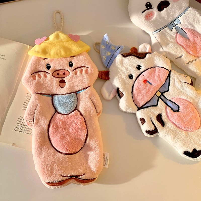 可爱小猪奶牛擦手巾挂式家用厨房抹D布超强吸水加厚毛巾儿童卫生