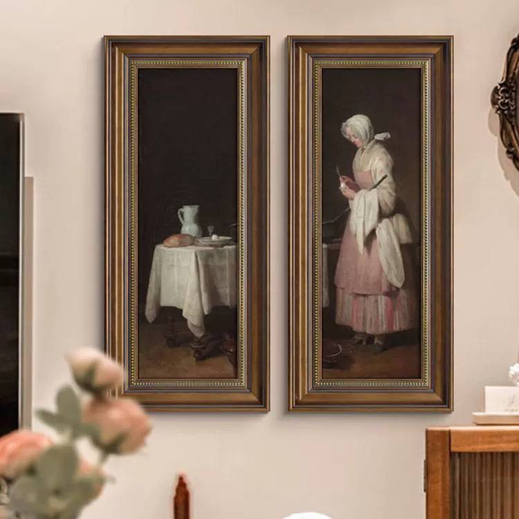 法式客厅竖版装饰画复古人物挂画美式餐厅玄关壁画卧室中古风长条图片