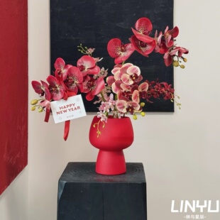 喜庆中式新年红色仿真花插花器蝴蝶兰乔迁新居氛围客厅家居摆件
