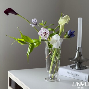 简约中古透明玻璃花瓶高脚杯水养鲜切花中式现代客厅餐桌装饰摆件