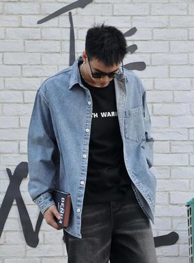 牛仔衬衫设计师品牌秋季男女中蓝色极简通勤情侣外套宽松外穿衬衣