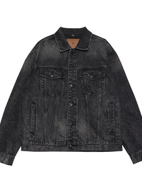 牛仔外套男复古雪花洗黑灰色秋冬季2024新款潮牌宽松休闲牛仔夹克