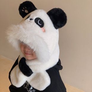 儿童帽子围巾一体可爱熊猫卡通加厚保暖男女童秋冬护耳宝宝套头帽