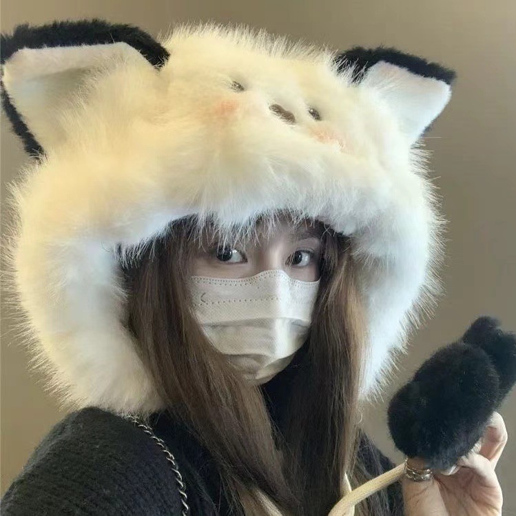 可爱卡通腮红猫咪毛绒雷锋帽子女秋冬季骑行保暖加厚防风护耳帽潮
