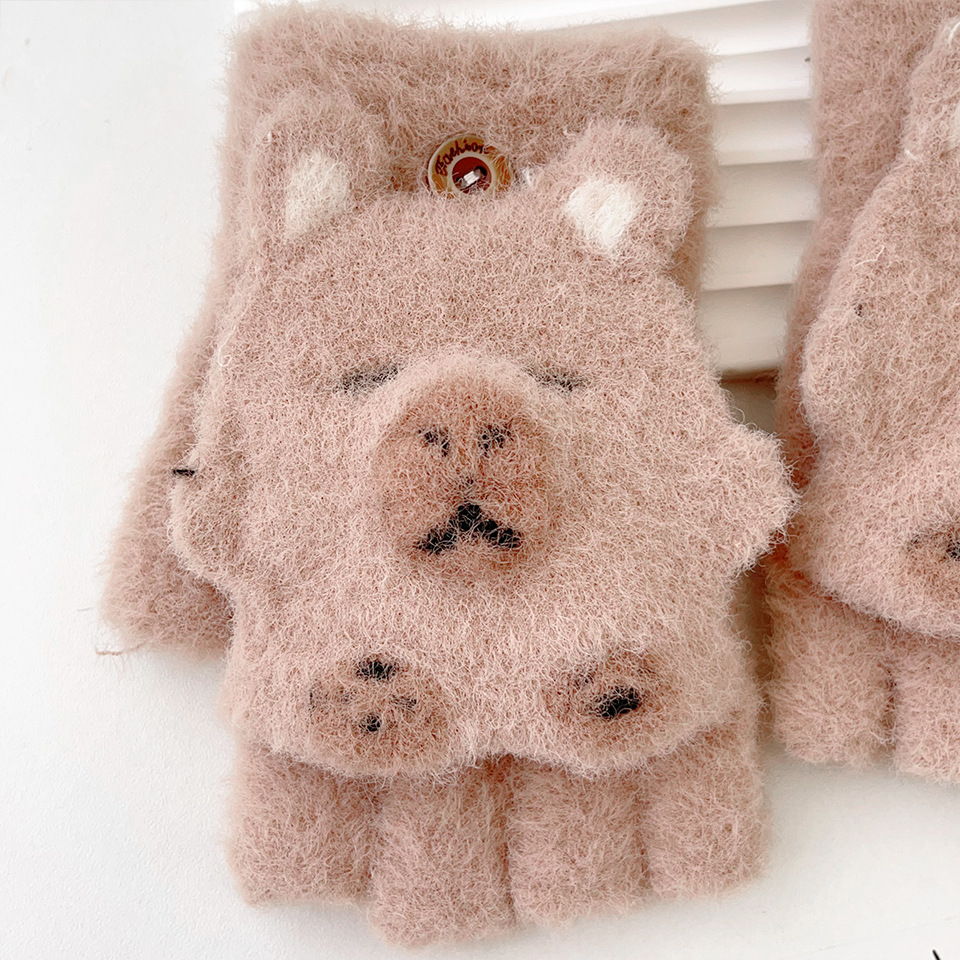 卡通可爱土拨鼠儿童半指翻盖保暖手套冬季防寒小学生写字骑车五指