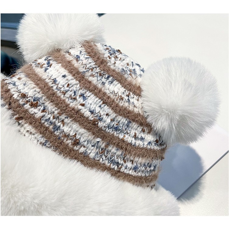 新款冬季可爱毛绒撞色针织毛线帽骑车加绒加厚保暖防风护耳帽子女