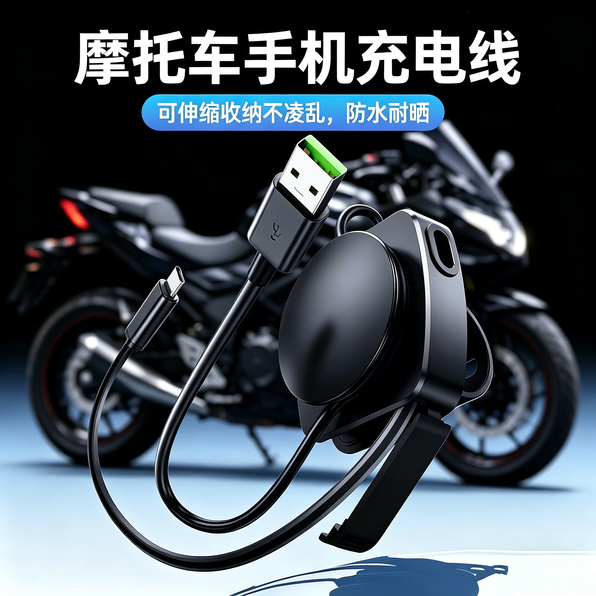 EARY摩托车充电线电动车手机快充线可伸缩数据线便携式收纳固定防水骑行专用USB接口typec电瓶车适用苹果安卓