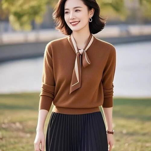 秋冬咖色修身针织衫女两件套