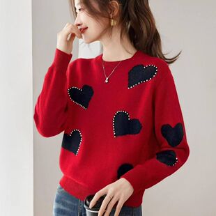 低领爱心红色短款毛衣女秋冬2025新款内搭针织打底衫套头上衣洋气