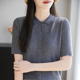 2026春夏新精纺羊毛POLO领针织开衫短袖T恤女纯色抽条上衣五分袖