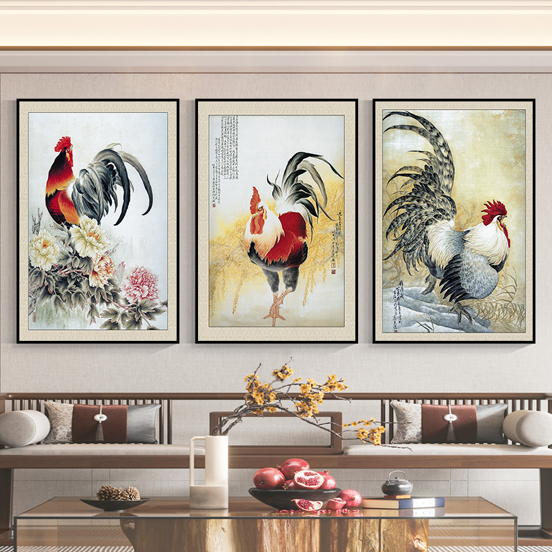 大公鸡挂画新中式国画雄鸡图客厅装饰画餐厅农家乐金鸡报晓墙壁画图片