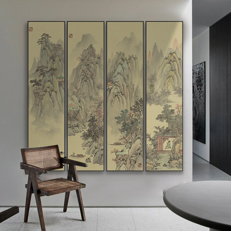 新中式客厅沙发背景墙四联条屏装饰画茶室书房山水挂画酒店餐厅画