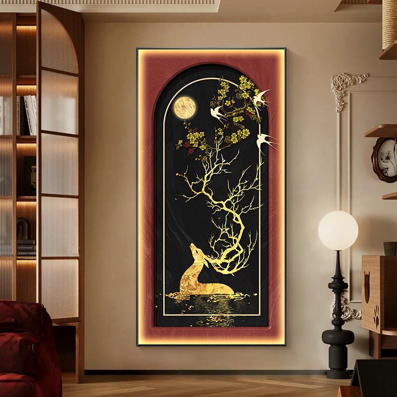中古风玄关装饰画招财福鹿入户带灯壁画法式复古花鸟走廊过道挂画图片