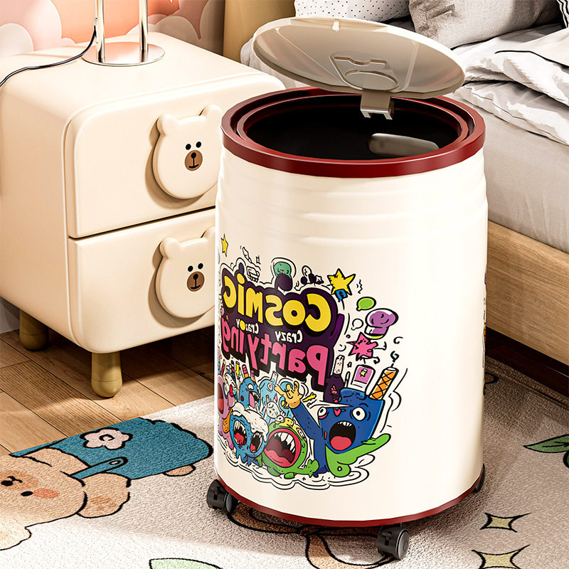 新款卡通易拉罐垃圾桶2025高颜值带盖带轮可移动家用客厅厕所纸篓