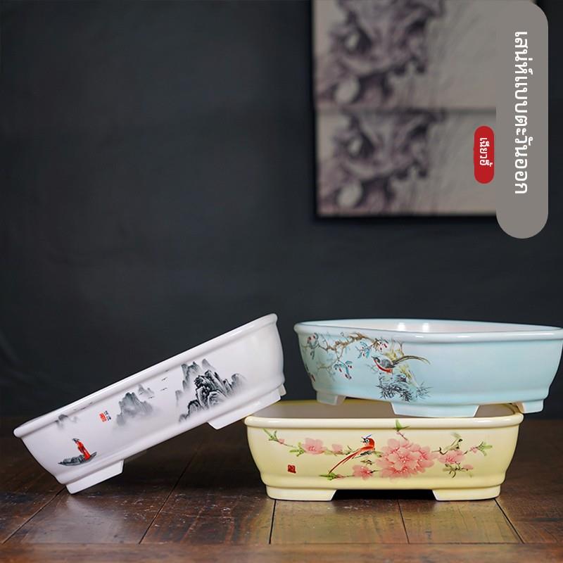 精品紫砂花盆长方形盆景盆专用新款彩绘贴画陶瓷盆栽盆绿植简约