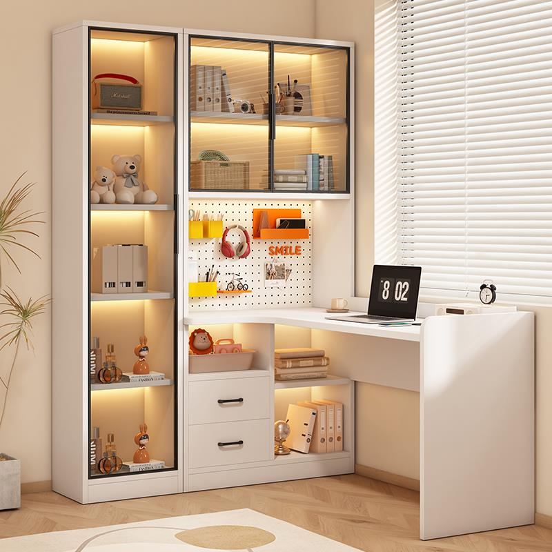 实木转角电脑桌台式家用学生写字桌带书柜现代简约书桌书架一体桌