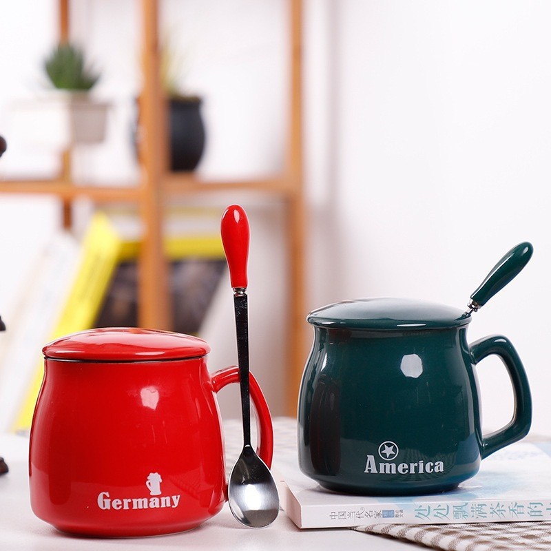 个性早餐杯咖啡杯燕麦陶瓷杯牛奶杯马克杯情侣水杯女带盖勺大容量