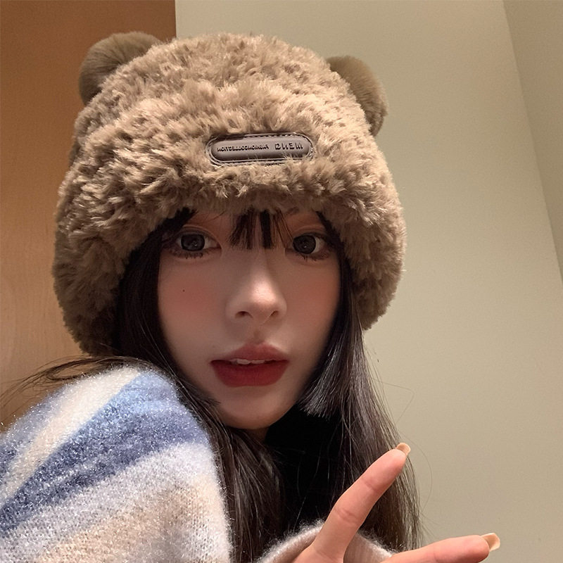 毛线帽女秋冬季韩版百搭保暖双毛球毛绒大头围毛绒护耳针织帽