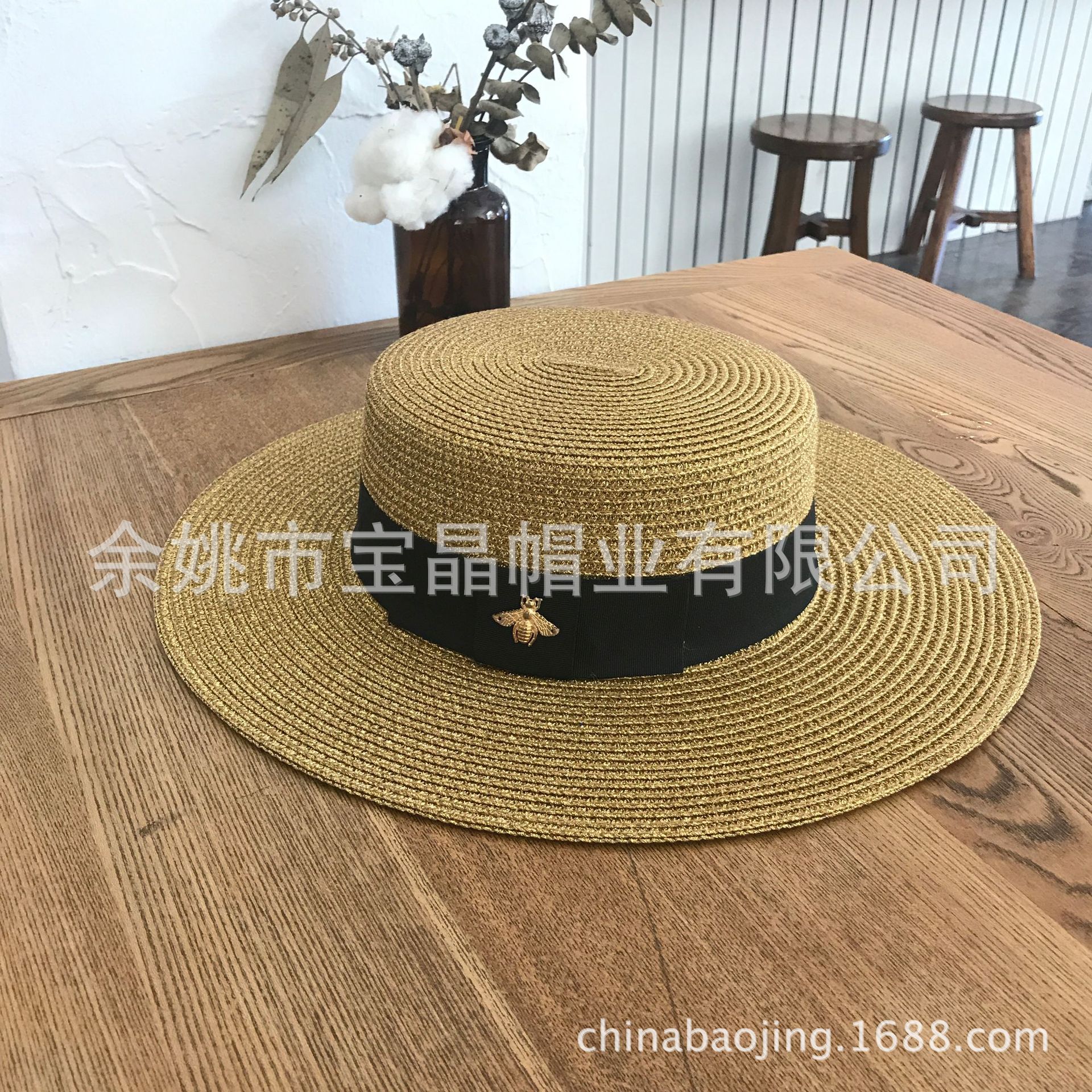新款金丝平顶草帽女夏天英伦礼帽女士出游海边防晒遮阳帽沙滩帽子