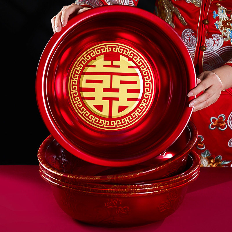 茶盘婚庆托盘红色圆盘新人敬茶盘圆形铁盘结婚圆盘婚礼果盘百合盘