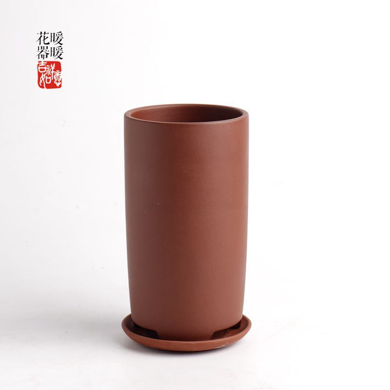 紫色小花盆圆筒形带接水盘 包邮 文竹/绿萝/小种兰花盆景盆