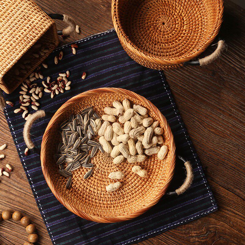 越南藤编水果茶点盘 瓜子面包竹编木制篮子 日式桌面收纳筐托盘碗