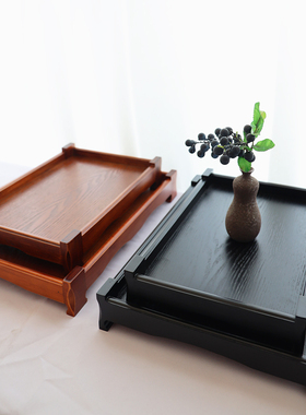 木质黑色长方形木托盘日式和风水杯D盘茶盘餐桌餐盘家用客厅木盘