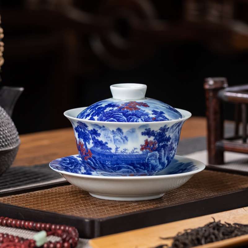 景德镇七丞堂仿古泥青花釉里红山水家用泡茶三才陶瓷盖碗茶具茶杯