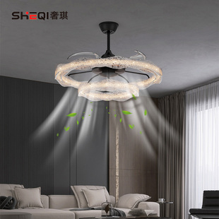 简约风海浪流光轻奢卧室半吊风扇灯双层铂金树脂静音风扇吊灯 意式