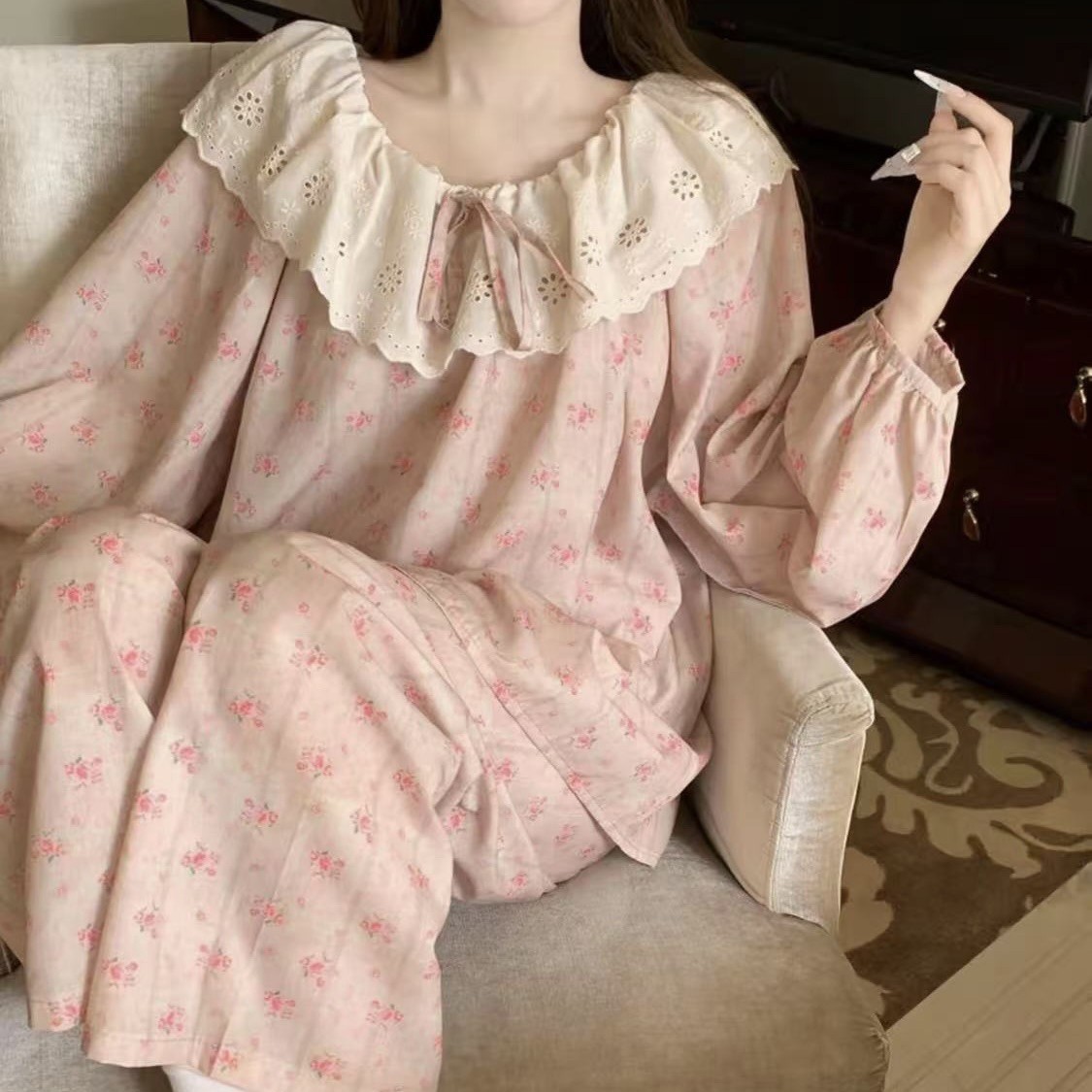 韩版ins蕾丝娃娃领格子睡衣女夏
