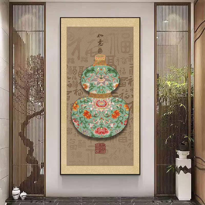 花鸟中古风玄关装饰画葫芦百福图壁画入户客厅走廊过道新中式挂画